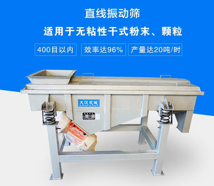 直線振動篩適用于無粘性干式粉末、顆粒，產(chǎn)量達(dá)20噸/時