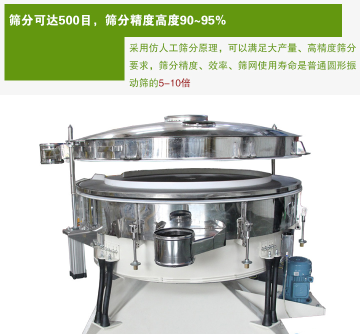 搖擺篩分機(jī)采用仿人工篩分原理，可以滿足大產(chǎn)量、高精度篩分 要求，篩分精度、效率、篩網(wǎng)使用壽命是普通圓形振 動(dòng)篩的5-10倍
