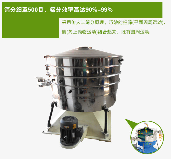 搖動(dòng)篩采用仿人工篩分原理，巧妙的把篩(平面圓周運(yùn)動(dòng))、 簸(向上拋物運(yùn)動(dòng))結(jié)合起來(lái)，既有圓周運(yùn)動(dòng)